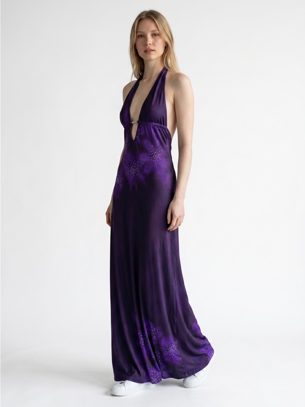 Purple Evening Halter Maxi Dress with Embellished Detail Size Medium Chest Chain